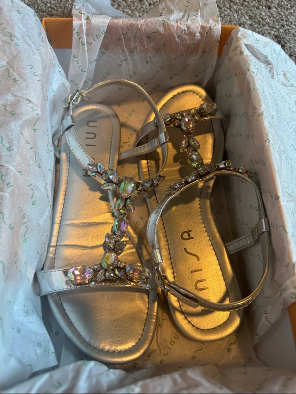Unisa Silver Jeweled T-Strap Sandals with Iridescent Stones